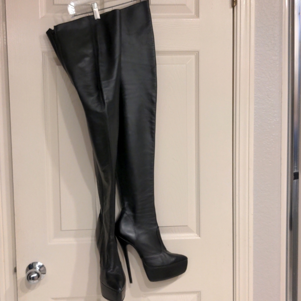 Thigh high black leather boots size 8,